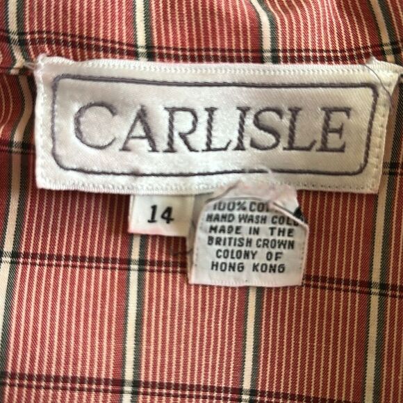 Vtg  80s Carlisle Pleat Front Red, White & Black Plaid Cotton Long Sleeve Shirt - Picture 8 of 8